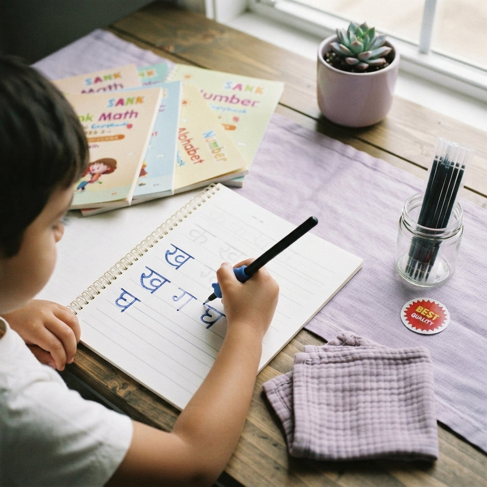 A child practicing handwriting in a magic reusable copybook on a desk with lavender-colored desk accessories.