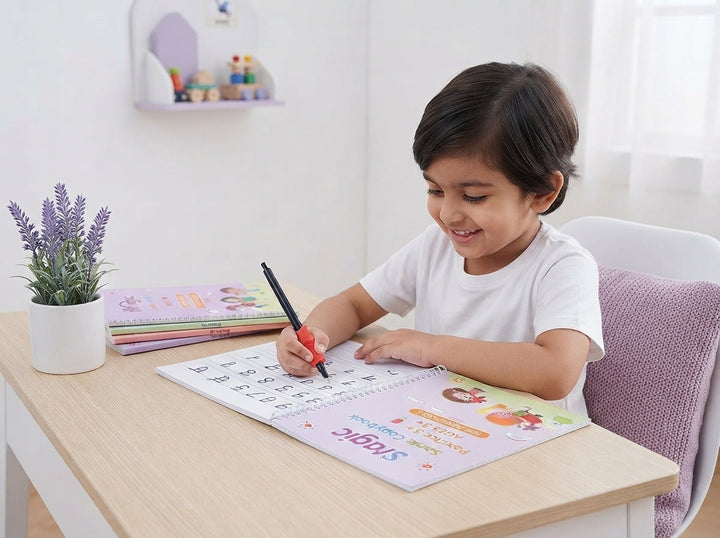 A young child smiling while practicing handwriting in a reusable magic copybook at a desk with lavender and lilac decor.