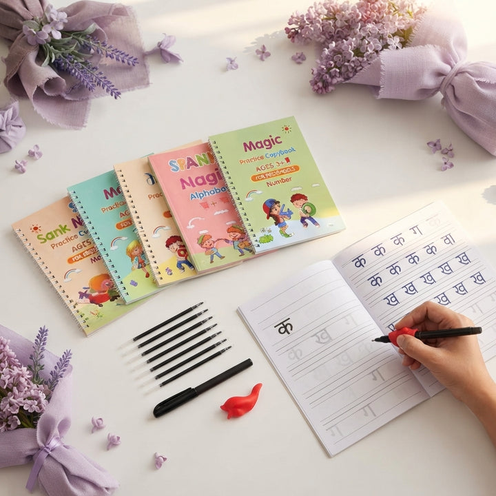 A complete set of four Magic Practice Copybooks with refills, a pen, and a grip displayed on a white desk with lilac and lave